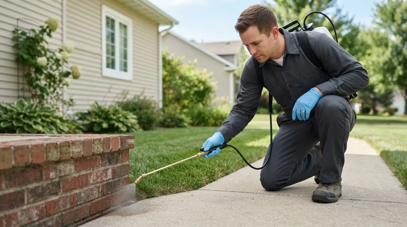 Pest control technician treating a home near Charlevoix, MI
