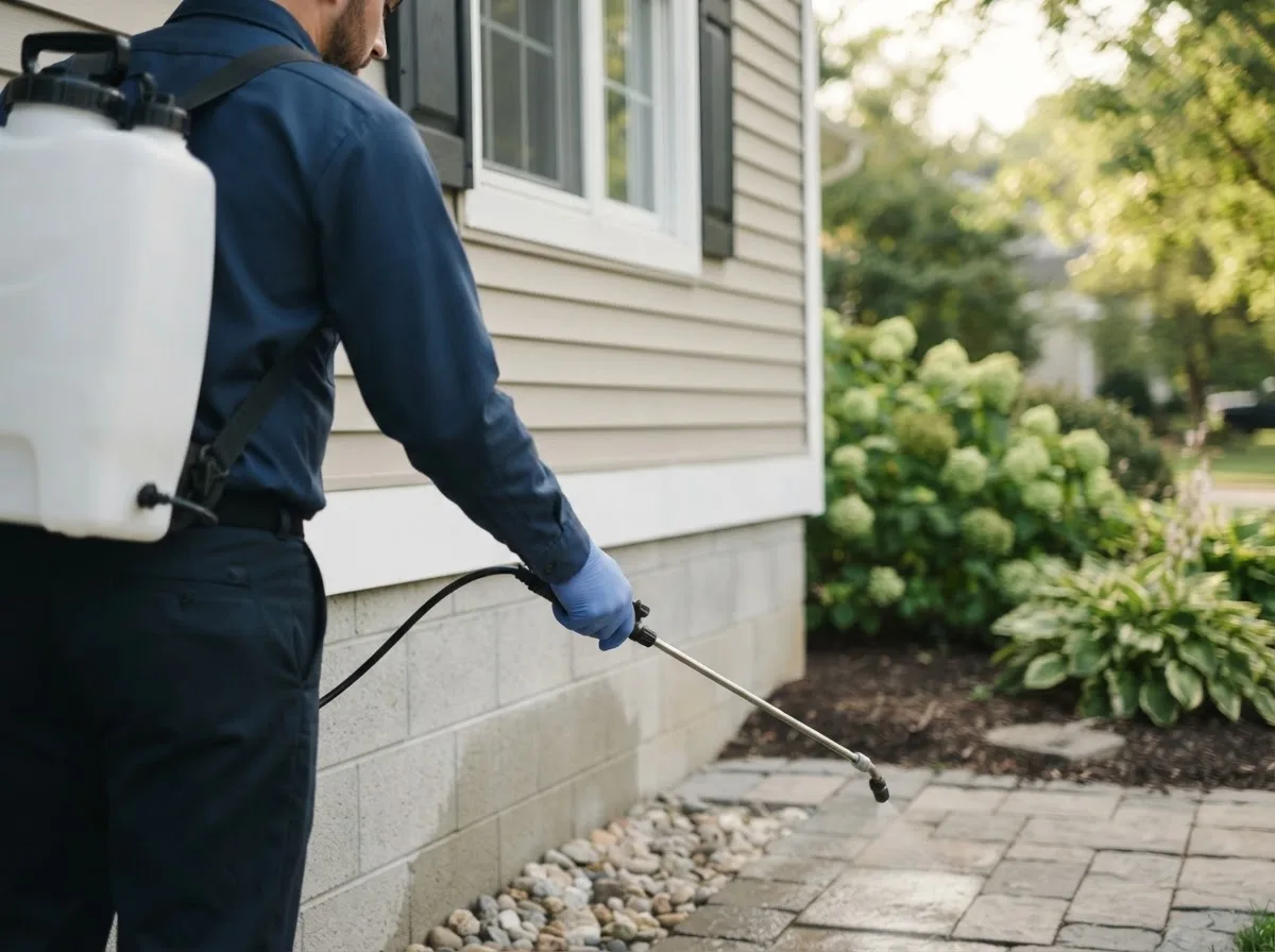 Pest control technician inspecting a home in Charlevoix, MI